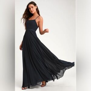 NWT Lulus Navy Blue Grand Soiree Sleeveless Spaghetti Strap Maxi Dress Size XS